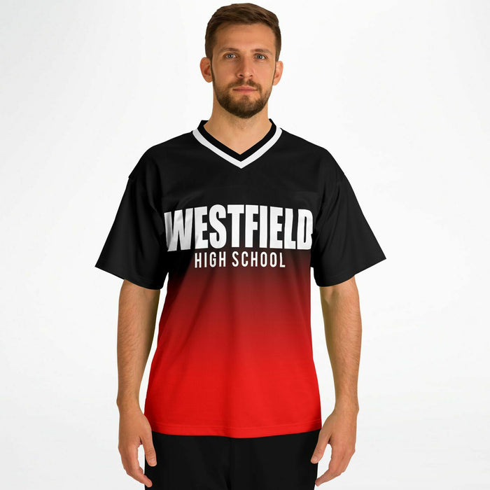 Man wearing Westfield Mustangs High School football jersey