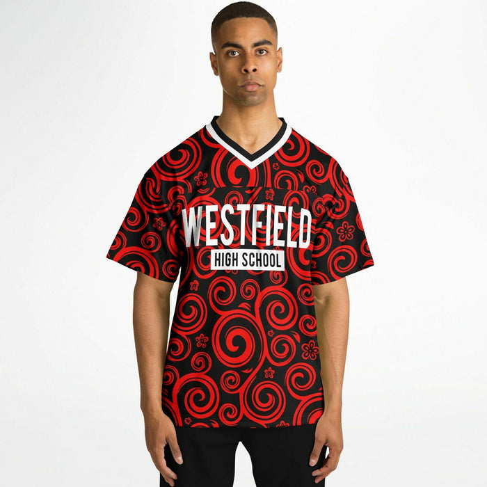 Black man wearing Westfield Mustangs High School football Jersey