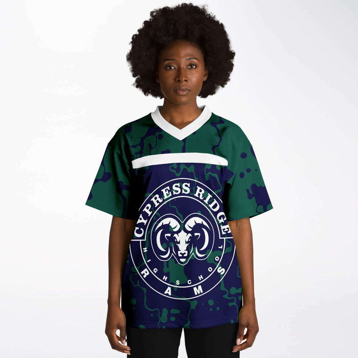 Black woman wearing Cypress Ridge Rams football Jersey