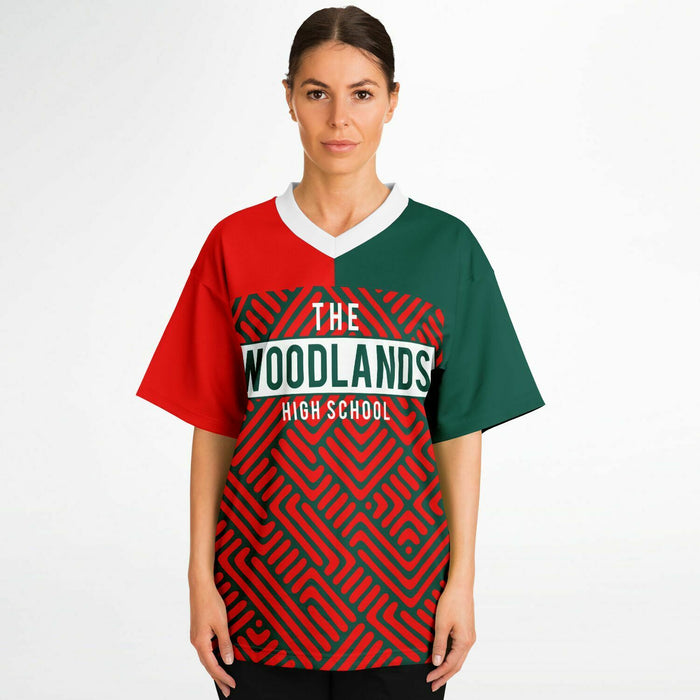 Women wearing The Woodlands Highlanders High School football jersey