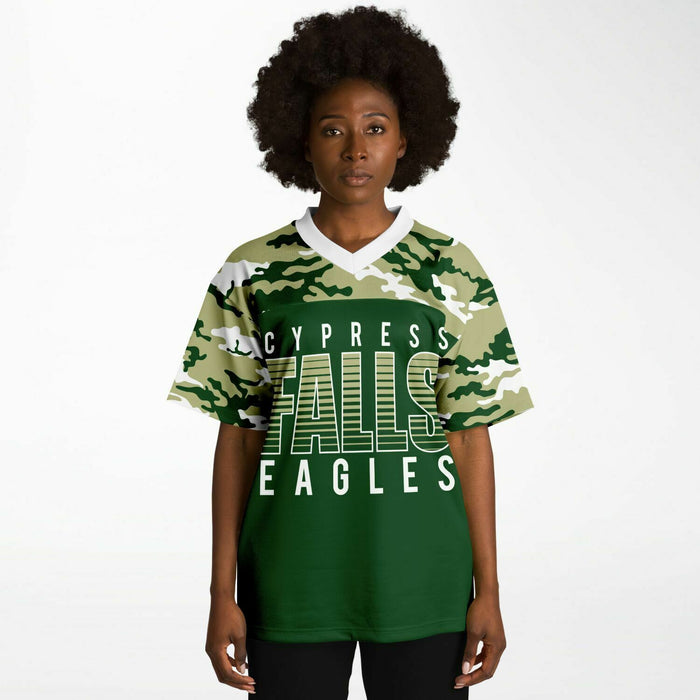 Black woman wearing Cypress Falls Eagles football Jersey 08