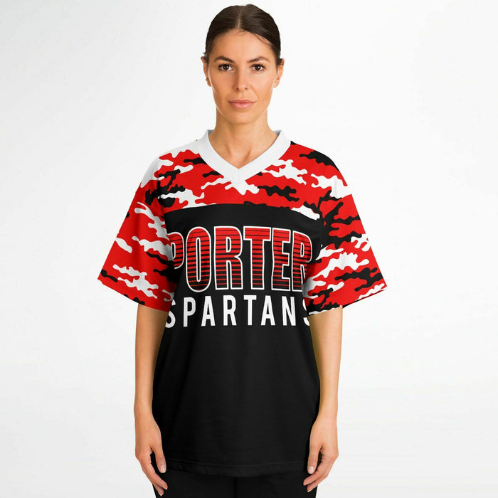 Women wearing Porter Spartans High School football jersey