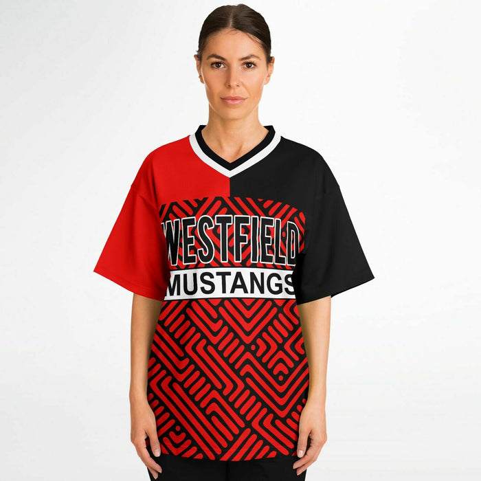 Women wearing Westfield Mustangs High School football jersey