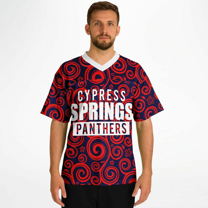 Man wearing Cypress Springs Panthers football jersey