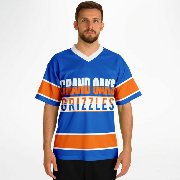 Man wearing Grand Oaks Grizzlies football jersey