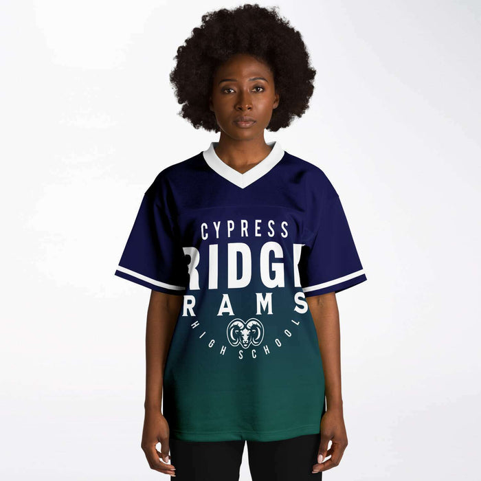 Black woman wearing Cypress Ridge Rams football Jersey