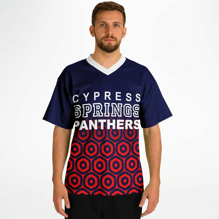 Man wearing Cypress Springs Panthers football jersey