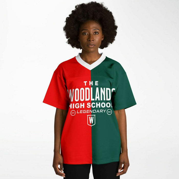 Black woman wearing The Woodlands Highlanders High School football Jersey