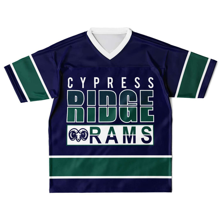 Cypress Ridge Rams football jersey laying flat - front 