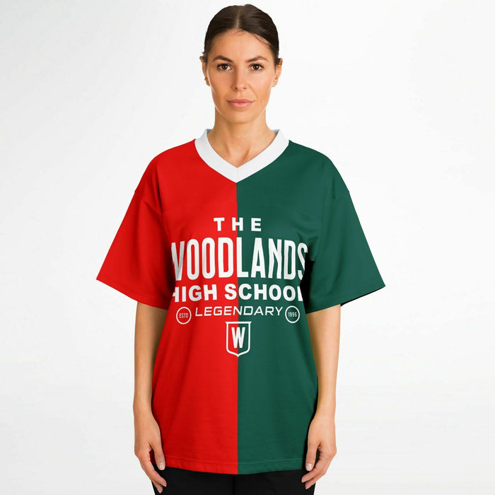 Women wearing The Woodlands Highlanders High School football jersey