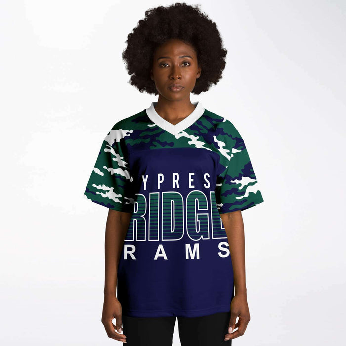 Black woman wearing Cypress Ridge Rams football Jersey