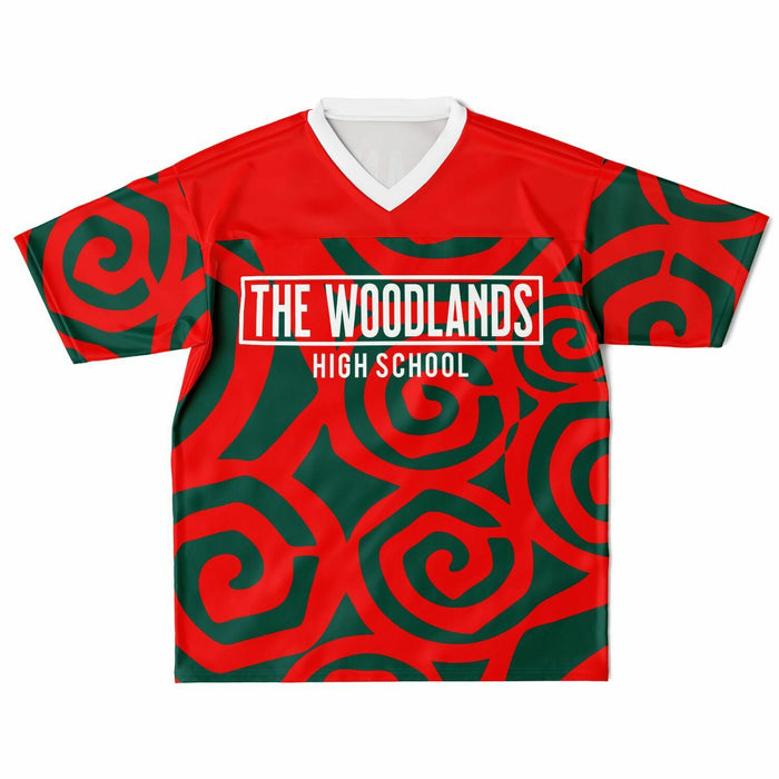 The Woodlands Highlanders High School football jersey laying flat - front 