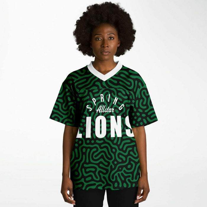 Black woman wearing Spring Lions High School football Jersey