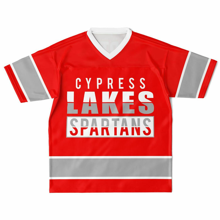 Cypress Lakes Spartans football jersey laying flat - front 