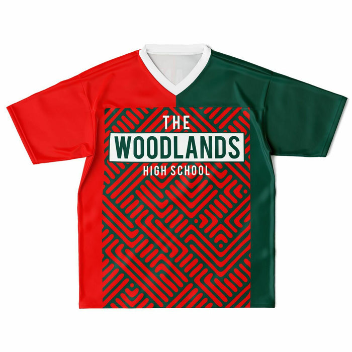 The Woodlands Highlanders High School football jersey laying flat - front 