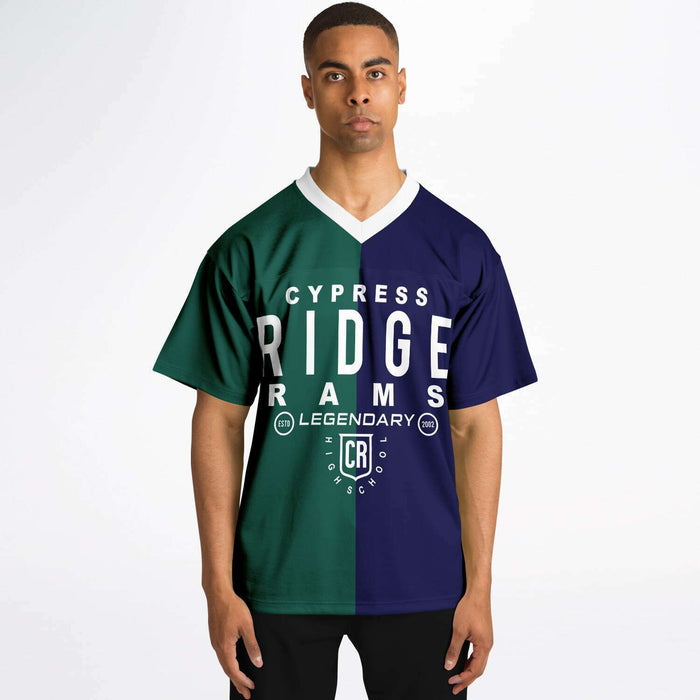 Black man wearing Cypress Ridge Rams football Jersey