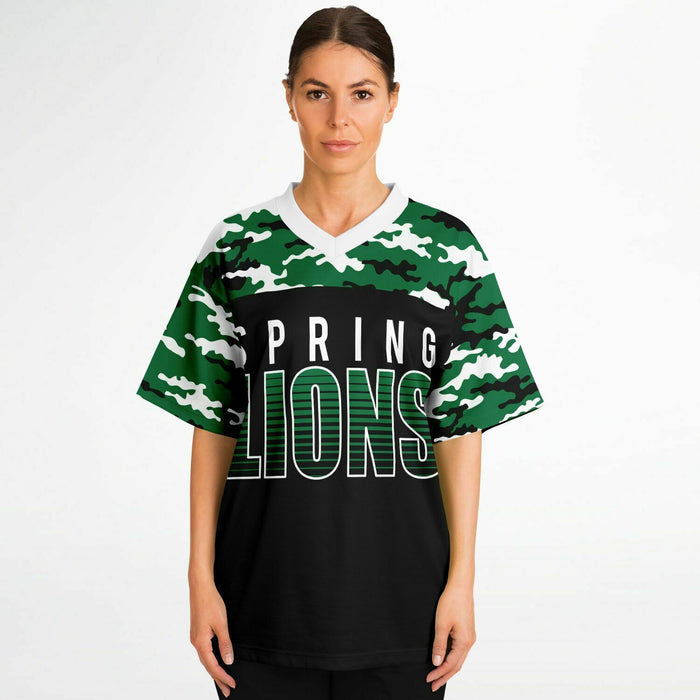 Women wearing Spring Lions High School football jersey