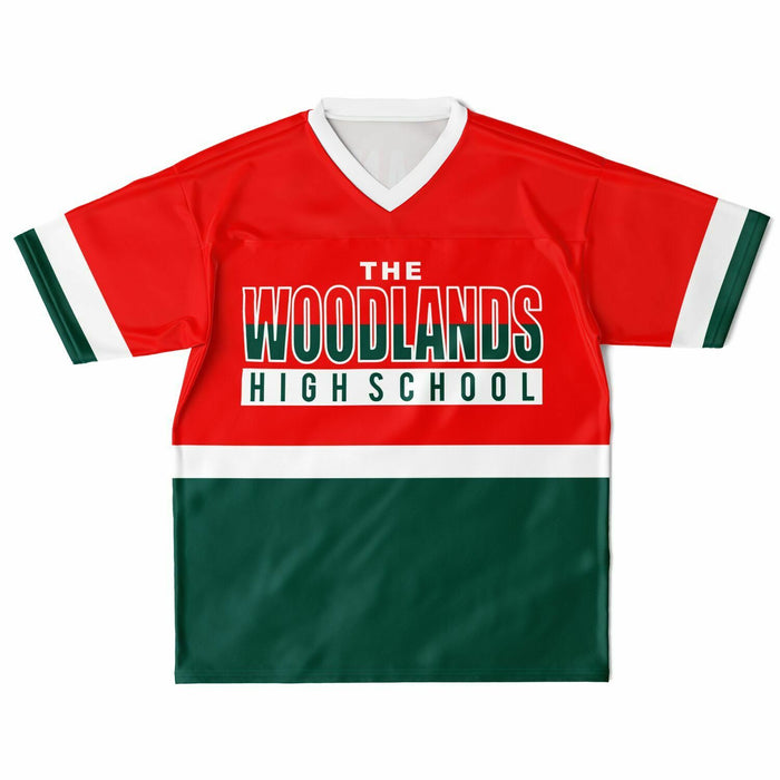 The Woodlands Highlanders High School football jersey laying flat - front 