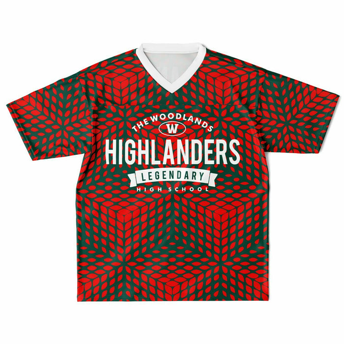 The Woodlands Highlanders High School football jersey laying flat - front 