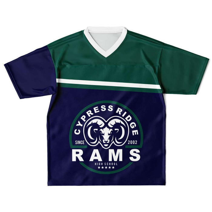 Cypress Ridge Rams football jersey laying flat - front 