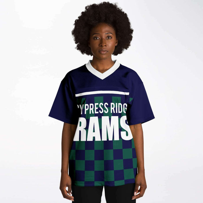 Black woman wearing Cypress Ridge Rams football Jersey