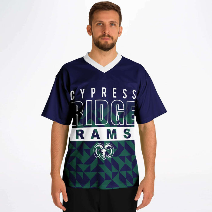 Man wearing Cypress Ridge Rams football jersey