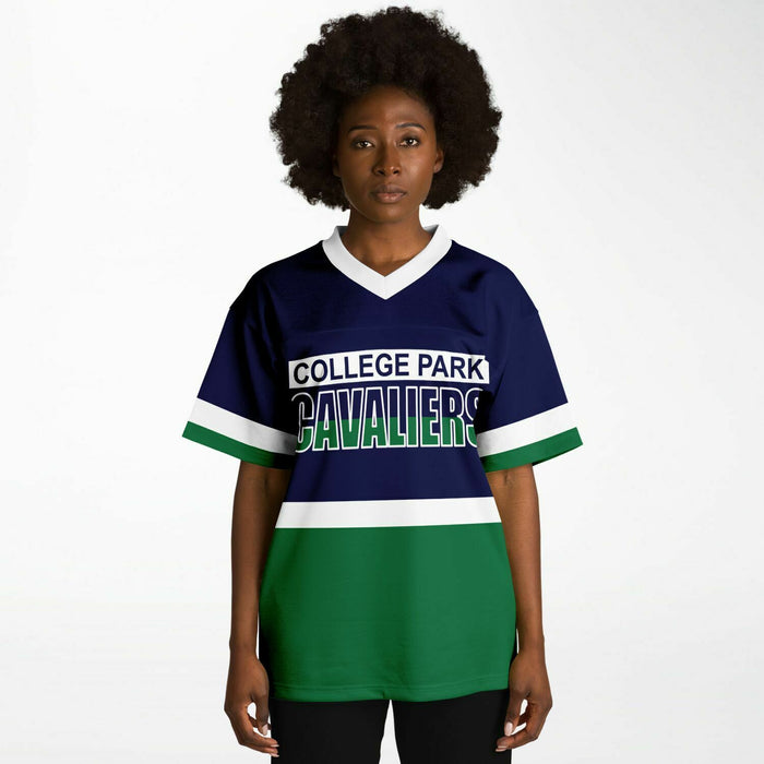 Black woman wearing College Park Cavaliers football Jersey 10