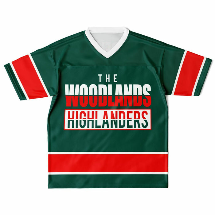 The Woodlands Highlanders High School football jersey laying flat - front 