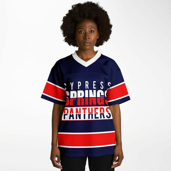 Black woman wearing Cypress Springs Panthers football Jersey